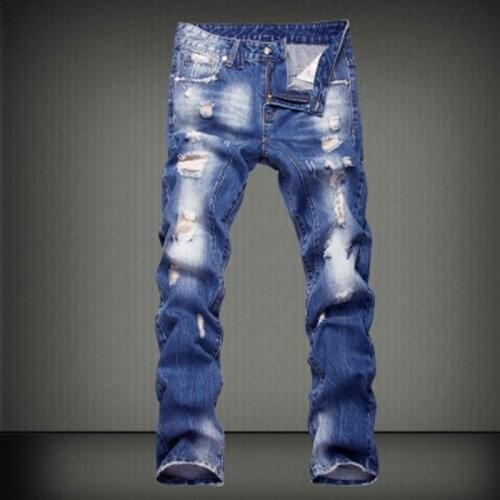 New Arrivals Hole Jeans Men Uomo Straight Biker Washed Blue Whitening Zipper Opening Stretch Comfortable Male Trousers Hot Sale