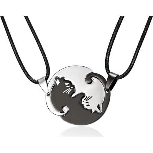 Rinhoo Couples Jewelry Necklaces Black white Couple Necklace Titanium Steel animal cat Pendants Necklace