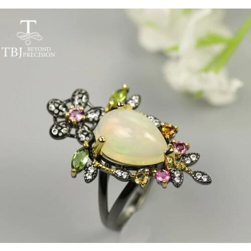 Luxury Colorful Opal Ring Pear 10*14mm Natural Ethiopia big size opal colorful tourmaline Gemstone Jewelry 925 sterling silver