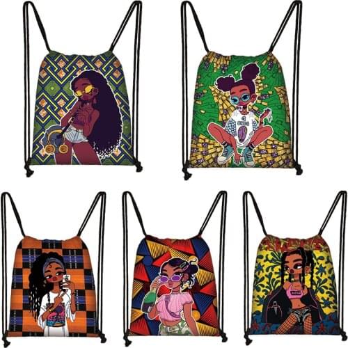 African Print Drawstring Bag Travel Leisure Retractable Backpack Afro Girl Cartoon Backpack Shopping Eco-Friendly Storage Bag