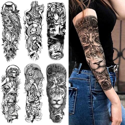 Long Sleeve Lion Temporary Tattoos For Women Men Black Owl Tiger Tattoo Sticker Fake Flower Skull Waterproof Full Arm Tatoos