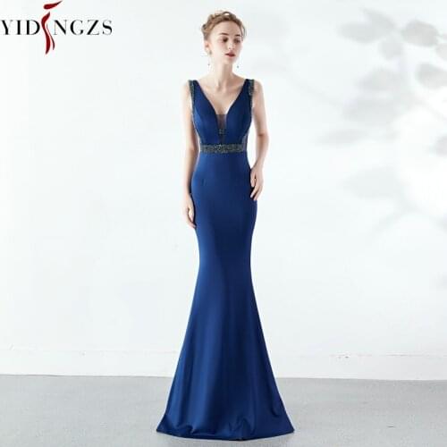 YIDINGZS V-neck Elegant Party Dress See-through Beaded Long Evening Dress YD1260
