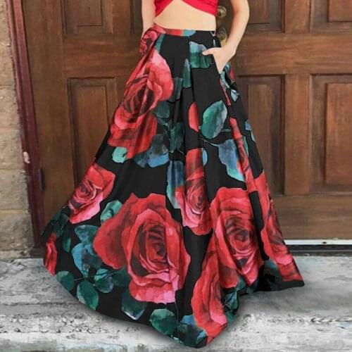 JAYCOSIN Holiday Skirts Women Bohemian Floral Print Skirt Lady Elegant A-line High Waist Party Beach Pocket Long Maxi Skirts