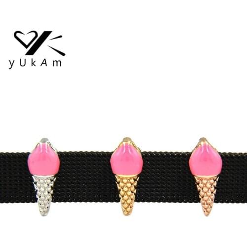 YUKAM Jewelry Cute Pink Enamel Ice Cream Cone Slide Charms Keeper for Stainless Steel Mesh Keepers Bracelets Accessories Making