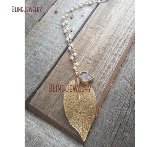 Custom Necklace White Rosary Chain Gold Leaf Charm White Druzy Pendant Necklace NM23853
