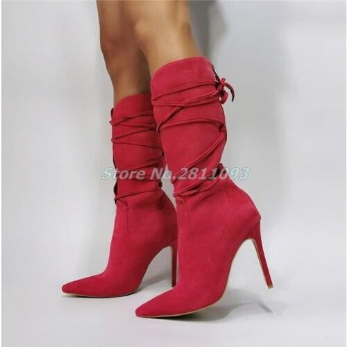 Red Suede Lace up Knee High Boots Sexy Pointed Toe Back Zipper Winter Autumn Boots Stiletto High Heel Custom Made Women Shoes