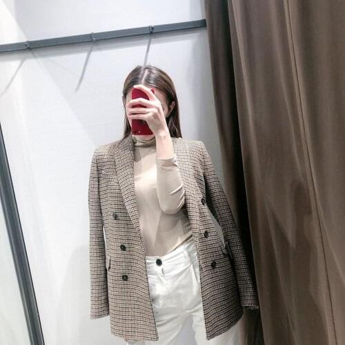 Women Fashion Vintage Casual Plaid Blazer Double Breasted Office Ladies Jacket Coat Notched Collar Long Sleeve Suits