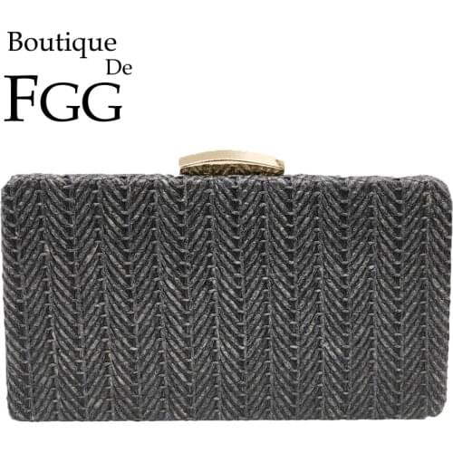 Boutique De FGG Women Straw Black Evening Bags Ladies Party Dinner Box Day Clutches Chain Shoulder Handbags and Purses