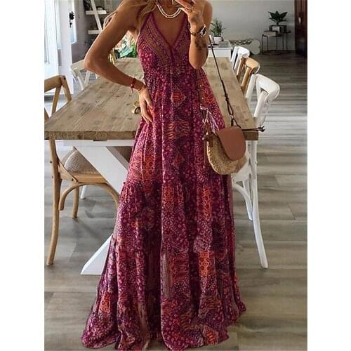 2021 Sexy Backless Bohemian Dress Women V Neck Sling Dresses Summer Floral Print Vacation Long Dresses for Woman Party Dress