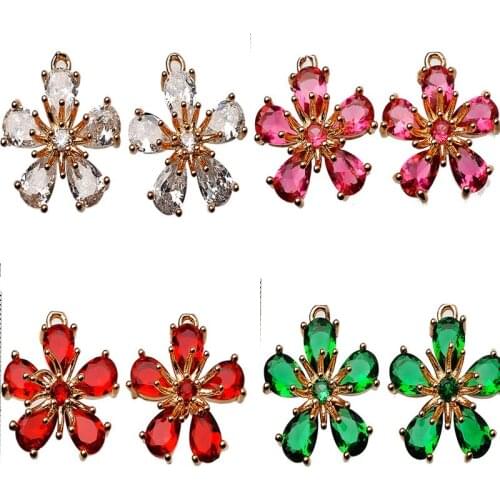 4PCS /Lot 14.5MM Brass with Colorful Zircon18k Gold Plated Flower Charm Pendant Connect for Diy Earrings Necklace Jewelry Making