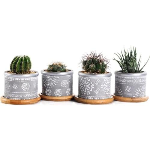 4In Set 2.95Inch Cement Succulent Planter Pots,Cactus Plant Pot Indoor Small Concrete Herb Window Box Container With Bamboo