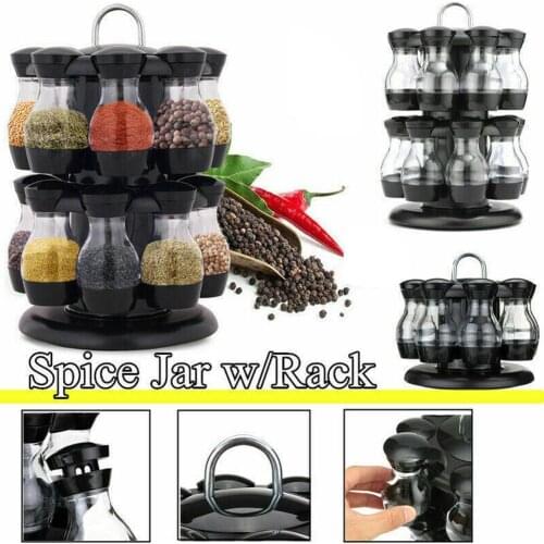 8/16Pcs Condiment Set 360 Rotating Spice Jar Rack Kitchen Cruet Condiment Bottle Coffee Sugar Seal Jar Container Rack Organizer