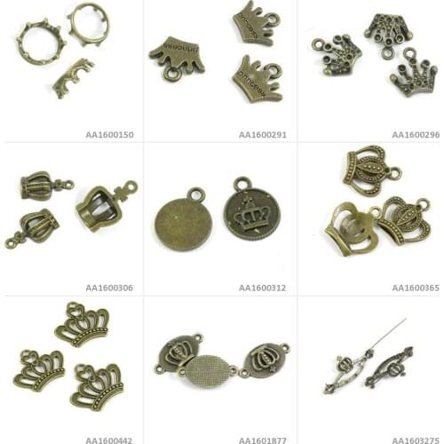 Antique Bronze Tone Jewelry Making Charms Crown Safety Pins Brooch Sign Connector Princess Imperial Round Ring Bracelet