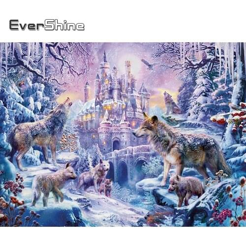 EverShine Diamond Painting Winter Diamond Embroidery Full Drill Square Wolf Picture Mosaic Castle Rhinestones Wall Art