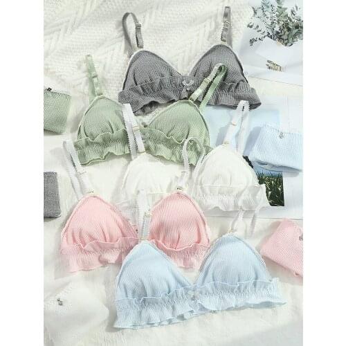 Cute Womens Japanese Bra & Panties Set Cotton Wirefree Soft Underwear Thread Cotton Sleep Intimates Set Lolita