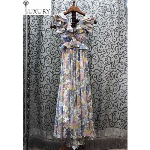 Summer Casual Party 2020 Club Women V-Neck Elegant Flower Print Ruffle Patchwork Sexy Backless Long Maxi Dress