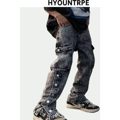 Fashion Side Buttons Denim Pants Mens Casual Zipper Straight Pants with Pockets Trousers Hip Hop Jean Streetwear Casual Joggers
