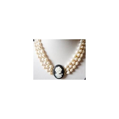 Mujer 3 rows 9-10MM white baroque pearl & carved girl necklace 17-19" Bridal Wedding word shipping Fine moda -jewelry