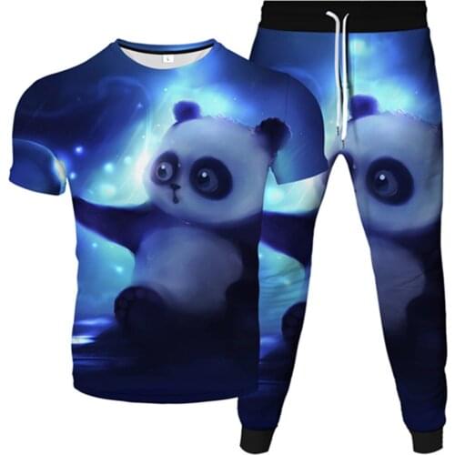 Men Plus Size S-6XL Sportwear Suit Animal Cartoon Panda Printing Women Fashion Tracksuit Clothes Male T-Shirt+Trousers 2Pcs Sets