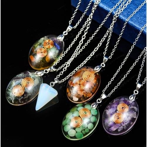 Natural crystal oval Chakra Energy Crystal Healing Ogen Double copper wire Helix High frequency energy stone pendant necklace