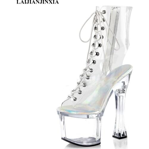 LAIJIANJINXIA New 18cm High Heels Dance Shoes Women Boots Sexy Ankle Boots Black Fish Mouth Party Club Model Pole Dancing Shoes