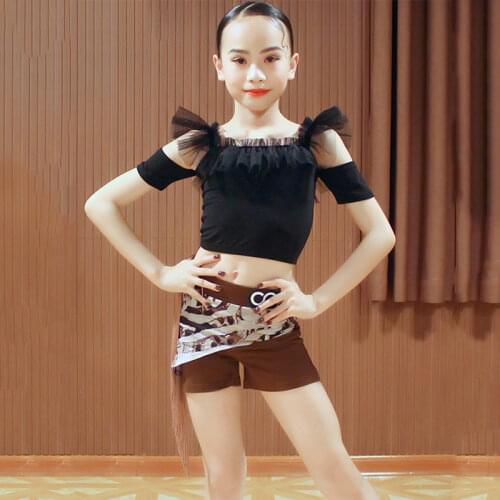 Girls Latin Dress Dancing Performance Clothes Blue Leopard Bat Sleeves Costume Samba Ballroom Modern Practice Wear Kids BL4161