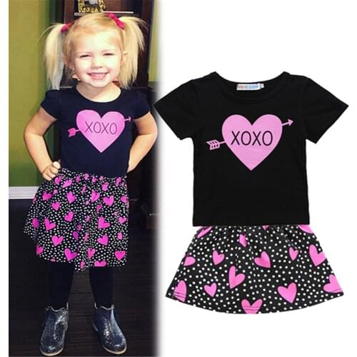 Valentines Day Kids Girls 2-piece Outfit Set Short Sleeve Heart Print T-shirt+Polka Dot Skirt Set for 1-6Y Children Baby Girls