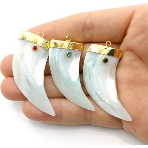 Gold Color plated Natural shell pearl pendant Horn Shape paved colorfulr stone Necklace for DIY jewelry making