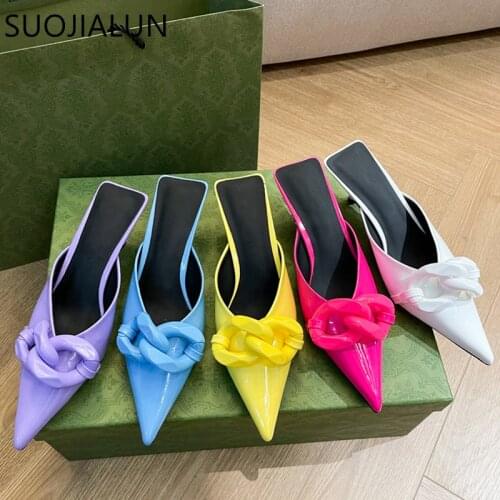SUOJIALUN 2021 Summer Women Slipper Fashion Candy Colors Chain Ladies Slip On Mules Shoes Thin Low Heel Pointed Toe Slides Flip