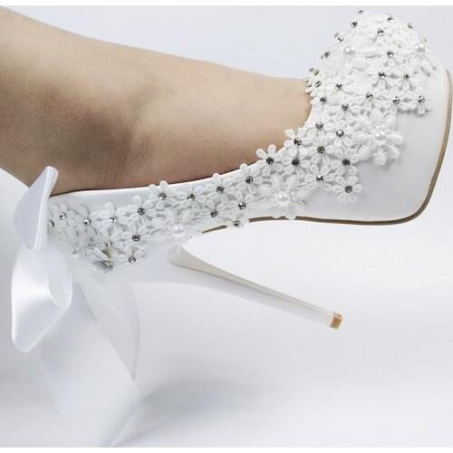 Super High Heel White Tassel Flower Wedding shoes Bride Ladies high platform shoes woman Fashion Round Toe Party Dress shoes