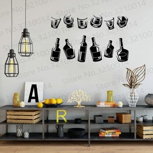 Wine Bottle Wall Decal Drinking Cup Collection Alcohol Glasses Pub Bar Kitchen Interior Decor Fridge Vinyl Stickers Mural PW342