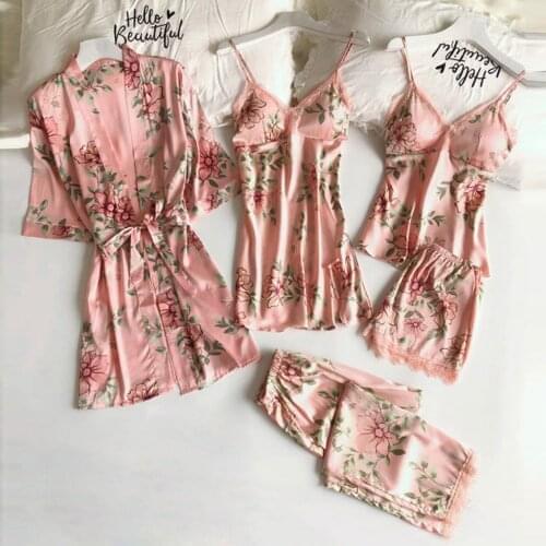 Women Satin Spring Summer Sleepwear Suit Lace Trim Pajama Pyjama Set Print Floral Nightwear Casual Women Home Wear Lingerie Suit
