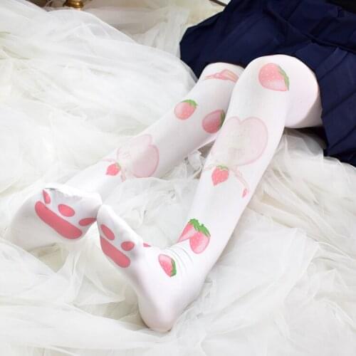 Strawberry Cat Womens Lolita Tights Velvet Cosplay Good Quality Pantyhose Sweet Summer White Super Cute Anime