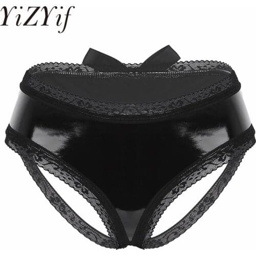 Women Sexy Lingerie Panties Wetlook Faux Leather Open Back Floral Lace Bowknot Low Rise Bikini Briefs Underwear Sex Customes