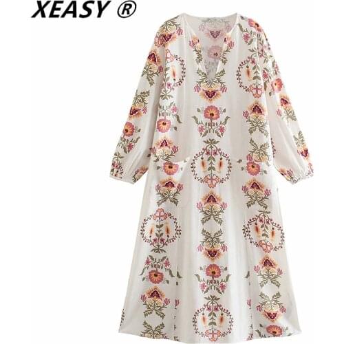 XEASY 2021 Women Vintage V Neck Totem Flower Print Casual Kimono Shirt Dress Chic Female Big Pockets Patch Retro Mujer Vestidos