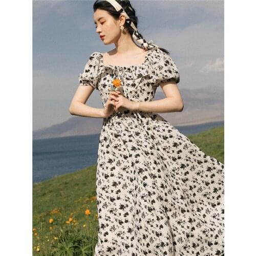 Dresses for women 2021 Summer Retro Girl Floral Square Neck Dress Puff Sleeve Elegant Dress Vestidos de fiesta