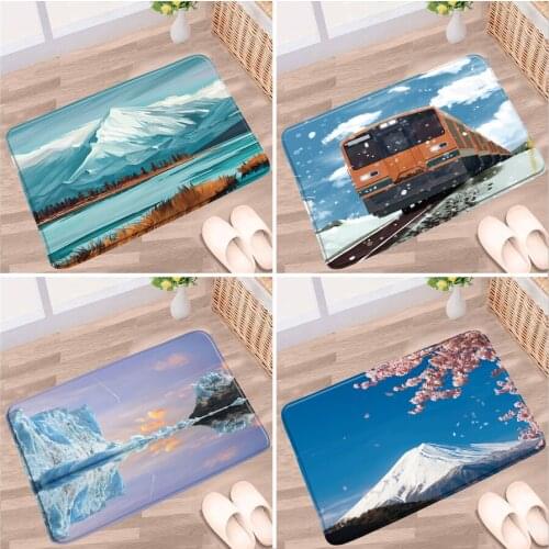 Winter Snow Mountain Bathroom Mat Train Cherry Blossom Tree Night Starry Sky Scenery Pattern Non-slip Rug Kitchen Doorway Carpet