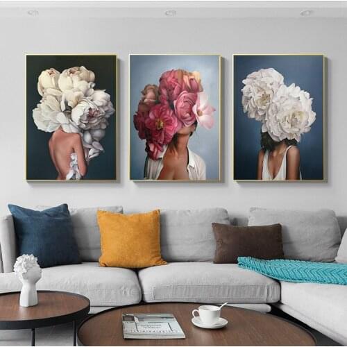 Flowers Feather Woman Abstract Canvas Painting Abstract Wall Art Poster Print Modern Decorative Picture Living Room Decoration