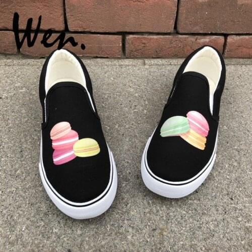 Wen Design Food Colored Macarons Dessert Buns Black White 2 Colors Men Skateboard Canvas Shoes Slip On Women Platform Sneakers