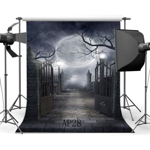 Gothic Backdrop Happy Halloween Horror Night Shining Moon Haunted House Metal Gate Gloomy Brick Floor Background