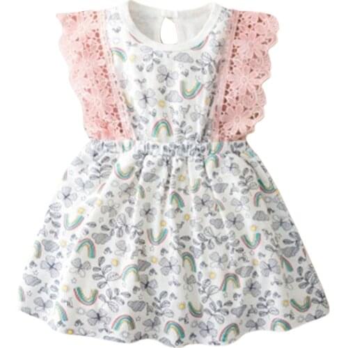 Summer Dress Baby Girls Rainbow Printed O-Neck Sleeveless Bodysuit Lace Trim Sundress for 0-3 Y Toddlers