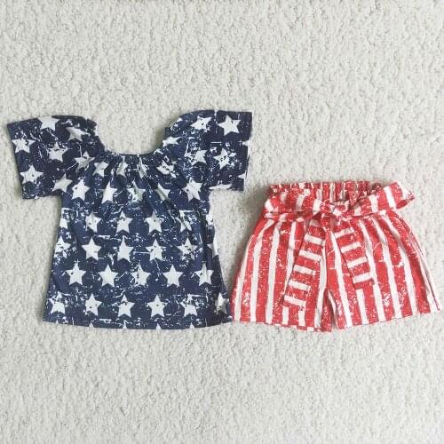 Hot Sell Toddler Girls Star Pattern Top Match Stripes Shorts With Belt Kids Independence Day Cloth Summer Outfit For July 4th