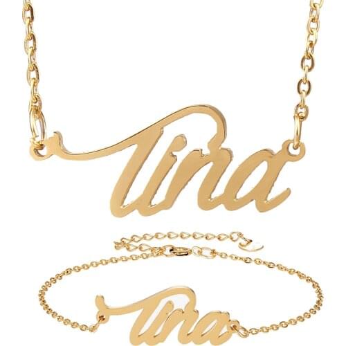 Fashion Stainless Steel Name Necklace Bracelet Set " Tina " Script Letter Gold Choker Chain Necklace Pendant Nameplate Gift