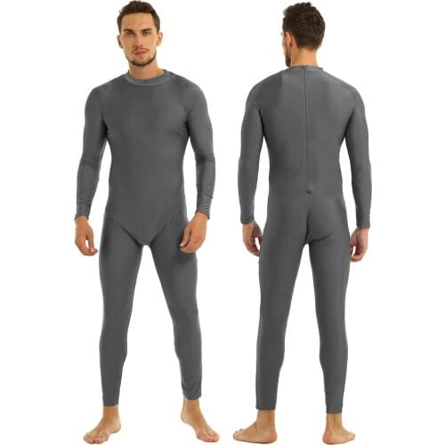 Mens Bodysuit Long Sleeve Well Fit One Piece Mock Neck Solid Color Bodywear with Zipper Male Unitard Bodysuit Daily Dancewear