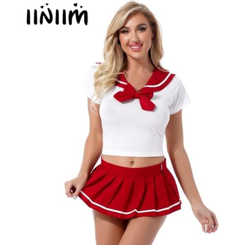 Womens Schoolgirl Cosplay Uniform Suit Lapel Collar Short Sleeves Tops with Pleated Skirt Tie and G-String Briefs Set Underwear