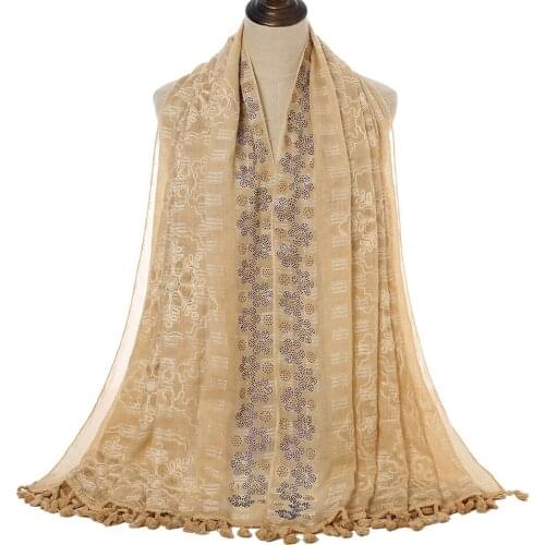 New Arrival Embroidery Cotton Lace Scarf Shawls Muslim Hijabs With Rhinestone Large Size Headscarf Wraps Women 1PC Retail