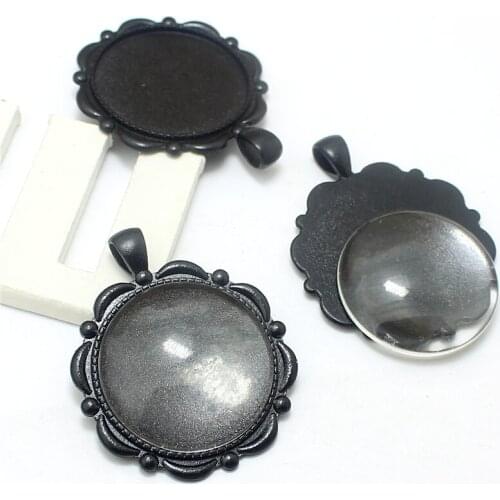 Sweet Bell 5 set/sets black Alloy flower 39*47mm(Fit 30mm dia) Round Cabochon Pendant Settings + Clear Glass Cabochons
