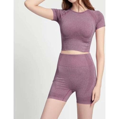 Sport Set Women Fitness Gym Clothing Yoga Suit Seamless Short Sleeve Crop Top Shirt High Waist Workout Shorts Sportswear Drop