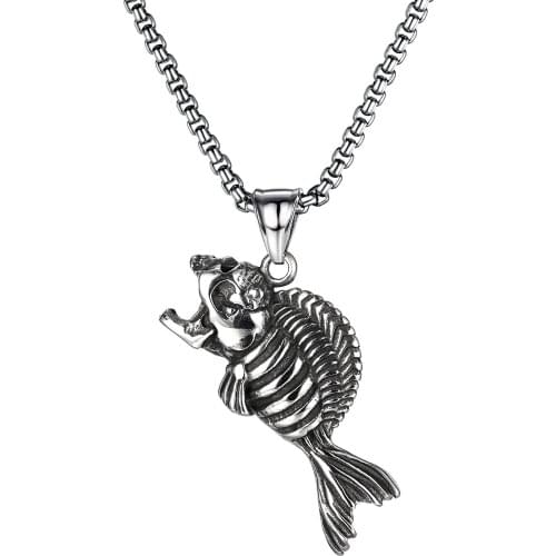 Vintage Skull Fish Bone Pendant Necklace Punk Stainless Steel Streetwear Jewelry Gothic Accessories Statement Necklaces Gift B