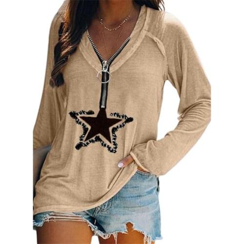 Women T-shirt Geometric Star Print Deep V Neck Autumn Summer T shirts Loose Long Sleeve Zipper Top Shirt Streetwear